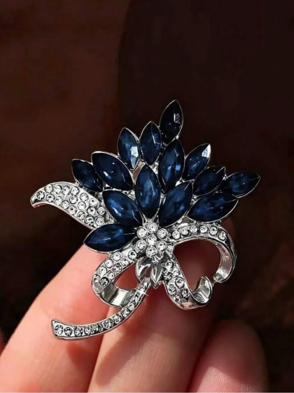 Blue Crystal Floral Ribbon Brooch